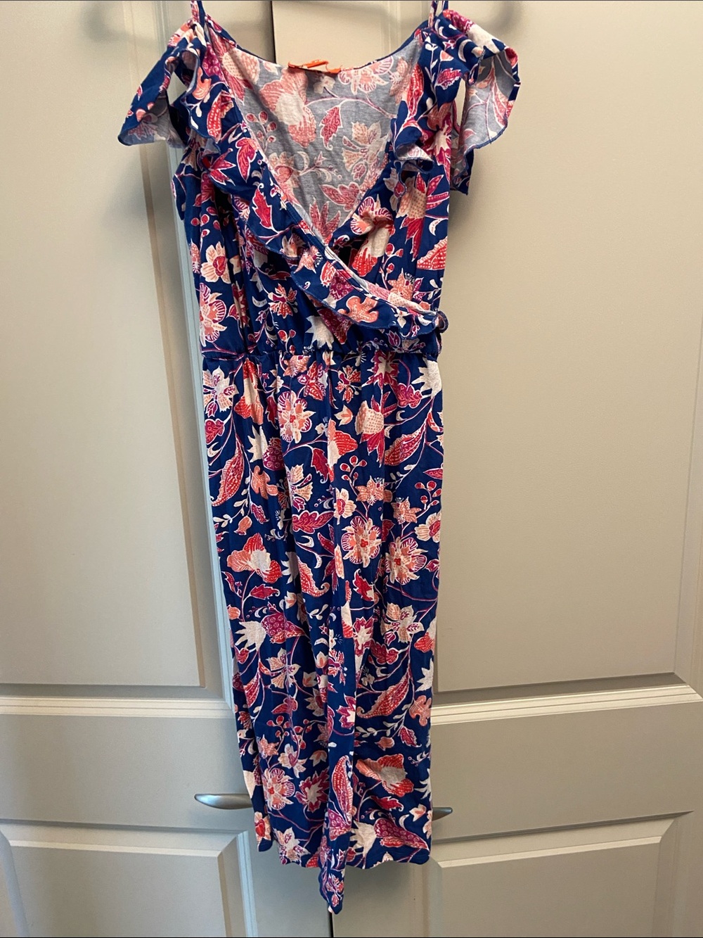 Joe Fresh navy blue floral print dress with pink and coral accents